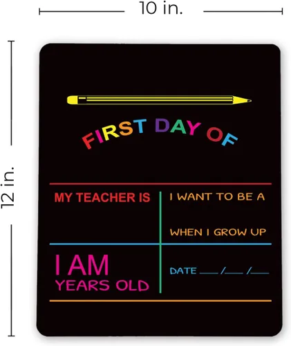 Vista 5 de Letrero reutilizable de pizarra con texto en inglés "My First Day y Last of School". Pizarra de fotos para niños, color negro con impresión