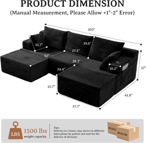 Vista 2 de Sofá modular modular en forma de U de 103 pulgadas con 2 otomanas Negro