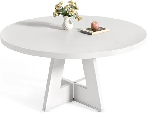 Vista 13 de LITTLE TREE Mesa de comedor redonda para 4-6 personas, mesa de comedor de 47 pulgadas con base de pedestal de madera, mesas de comedor negras, mesas