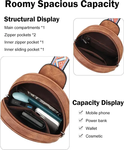 Vista 6 de FADEON Bolso bandolera de diseñador para mujer, bolso cruzado de piel sintética, paquetes de múltiples bolsillos con ranura para tarjetas, Z-marrón