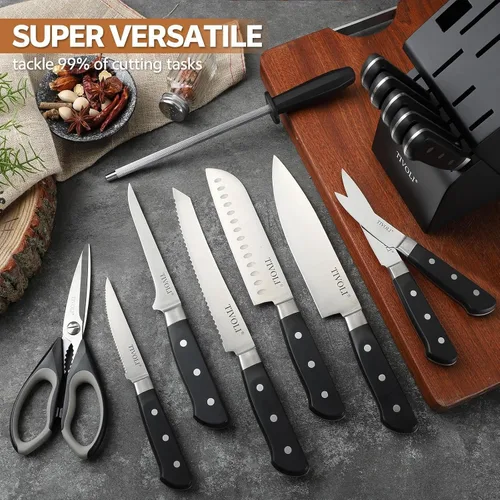 Vista 9 de TIVOLI Juego de 15 cuchillos de cocina de acero inoxidable de alto carbono con bloque y barra de afilado, juego de cuchillos negros afilados de alta