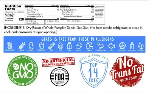 Vista 2 de GERBS Semillas enteras de calabaza con cáscara; Los mejores 14 alimentos libres de alergias alimentarias, sin OMG, vegano, Keto y paleo.