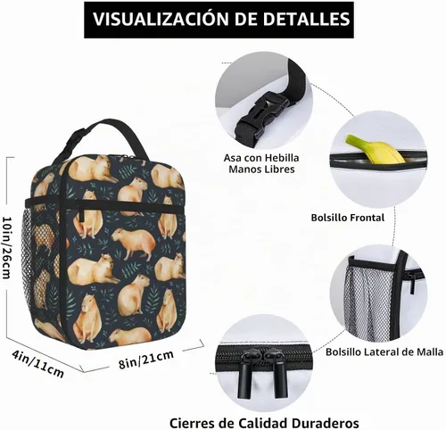 Vista 4 de Capybara - Lonchera con diseño de hojas para niños y niñas, lonchera reutilizable con bolsillo lateral, lonchera para niñas y adolescentes, bolsa