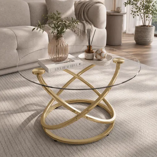 Vista 11 de Otterease Mesa de centro de vidrio de 31", mesa auxiliar moderna con marco de metal plateado con anillo, mesa de centro redonda de vidrio