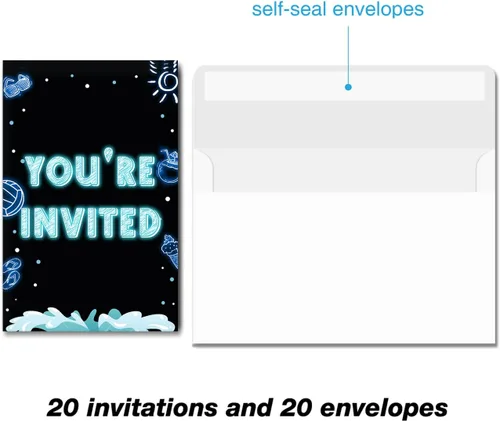 Vista 2 de Soiceu Invitaciones de cumpleaños de neón para adolescentes y niños con sobres, juego de 20