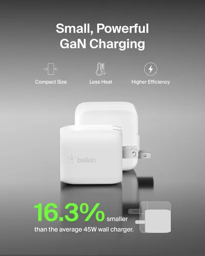 Vista 4 de Belkin Bloque de cargador USB C dual de 45 W, carga súper rápida PD3.0 con tecnología GaN - Samsung Galaxy S25, Apple iPhone 17, Air, Pro, Pro Max