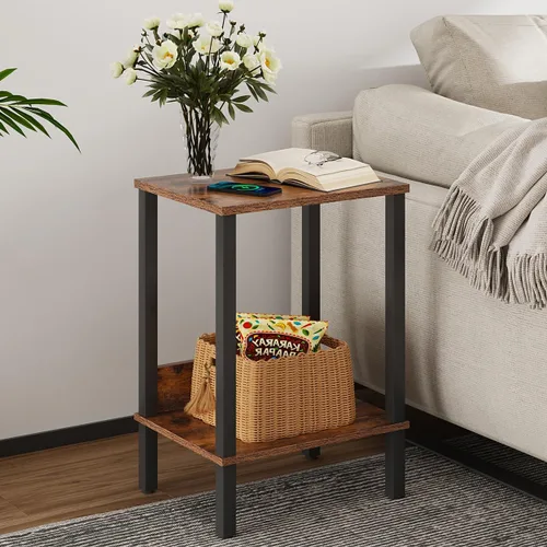 Vista 8 de Vimber Mesa auxiliar, mesa lateral, juego de 2, mesitas de noche con estantes de almacenamiento de 2 niveles, mesa para sofá para espacios pequeños