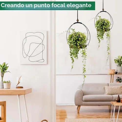 Vista 6 de Maceta colgante para plantas de interior, colgador de plantas negro para interiores con base de madera resistente, colgador de plantas de macramé