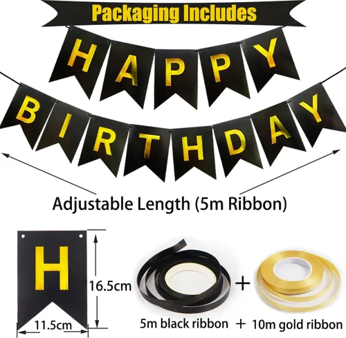 Vista 2 de Cartel de feliz cumpleaños, decoración de cumpleaños negro y dorado, 16 globos de 12 pulgadas con 2 cintas para hombres, mujeres, niñas y niños