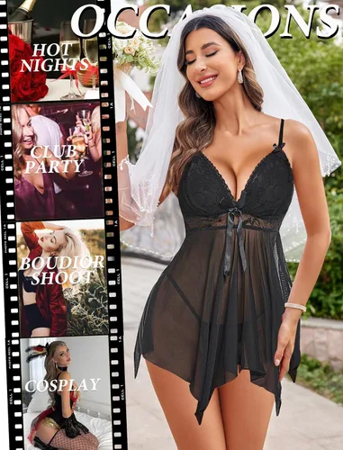 Vista 5 de Camisón Avidlove, lencería de encaje, babydoll, cuello en V, satinado, para mujer