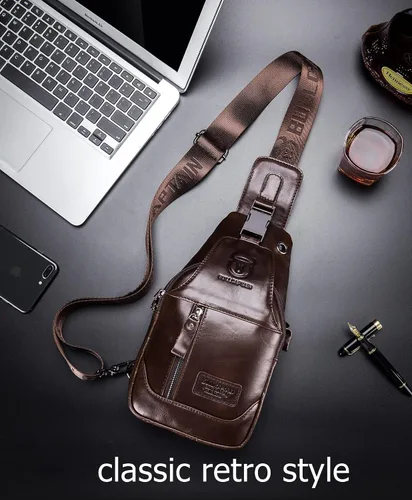 Vista 5 de BULLCAPTAIN Bolso bandolera de cuero genuino con múltiples bolsillos para hombre, bolso cruzado de viaje, mochila de hombro pequeña casual