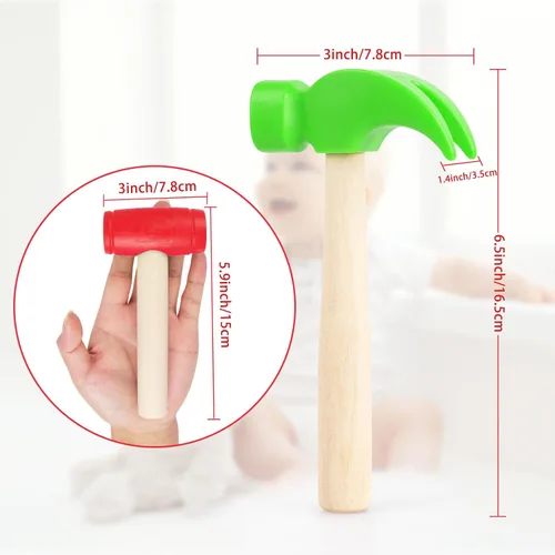 Vista 6 de Martillos de madera de simulación de martillos de madera pequeños de plástico para niños pequeños, herramientas de mantenimiento portátiles