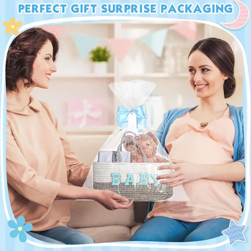 Vista 6 de Beeveer Organizador de pañales con lazo portátil de cuerda de algodón, bolsa de almacenamiento para cambiador, guardería, baby shower (azul)