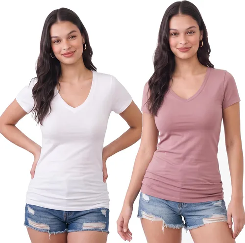 Vista 143 de Emmalise Camiseta de manga corta para mujer, cuello en V, tallas junior y plus