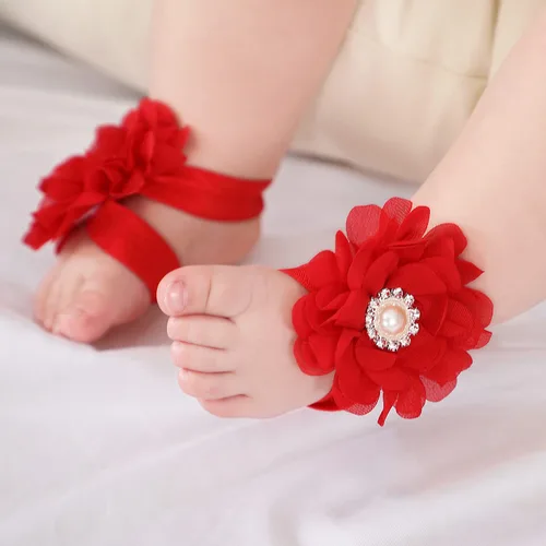 Vista 5 de Cinaci 8 pares de sandalias de gasa con diamantes de imitación y flores, con diademas, accesorios para bebés, recién nacidos, niños pequeños