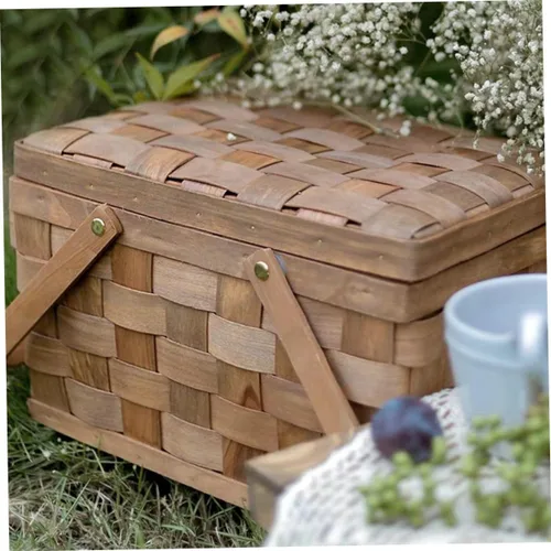 Vista 9 de Cesta de compras de madera, cesta de picnic vintage con tapa, cesta de mimbre de frutas con tapa, cesta de almacenamiento de juguetes, arreglos