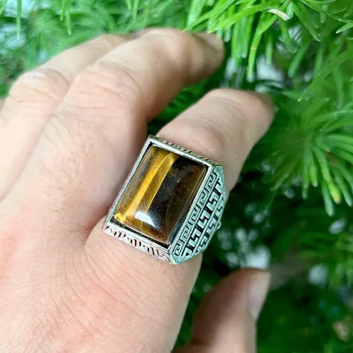 Vista 5 de DALEGEM Anillo de piedra de ojo de tigre amarillo genuino para hombres y mujeres, anillo turco retro vintage de cristal de cuarzo piedras preciosas