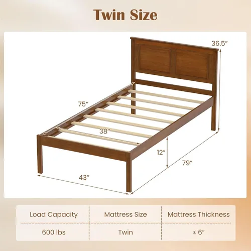 Vista 2 de GIANTEX Marco de cama de madera individual con cabecero, plataforma moderna de mediados de siglo con soporte de listones de madera, base de colchón