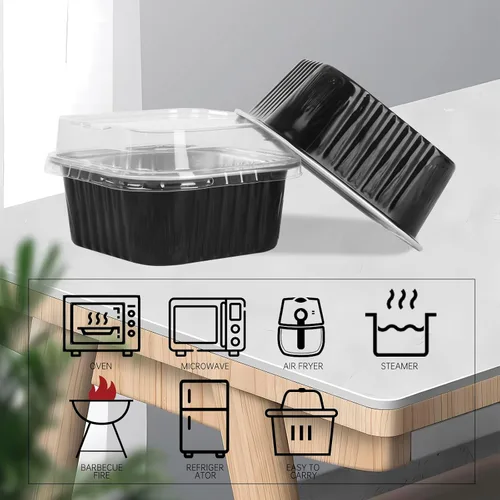 Vista 3 de 50 Pcs Mini Square Baking Cups with Lids,5oz Aluminum Foil Mini Cake Pans with Lids,Disposable Ramekins Cake Pans,150ml Dessert Cups Cupcake Pans