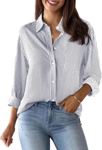 Vista 15 de Siliteelon - Camisas de botones para mujer, camisa de vestir a rayas de algodón, de manga larga, cuello con solapa, para oficina y trabajo