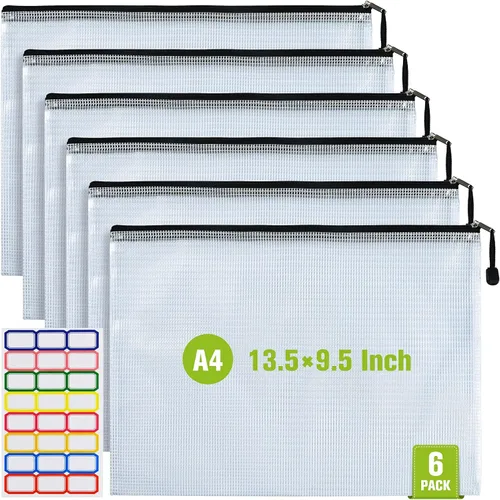 Vista 13 de Bolsa de malla con cremallera, 6 bolsas de malla de plástico impermeable con cremallera, bolsa de documentos tamaño A3, bolsas de archivos