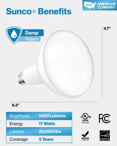 Vista 7 de Sunco Paquete de 10 Bombillas LED BR40, Luces de Inundación para Interiores, Bombilla para Lámparas Empotradas, 1400 LM, 17W (Equivalente a 100W)