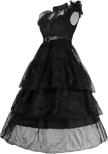 Vista 4 de Poboola Wednesday Addams - Disfraz de vestido para niñas con peluca para niños, vestido de fiesta de patinador acampanado para miércoles, cosplay