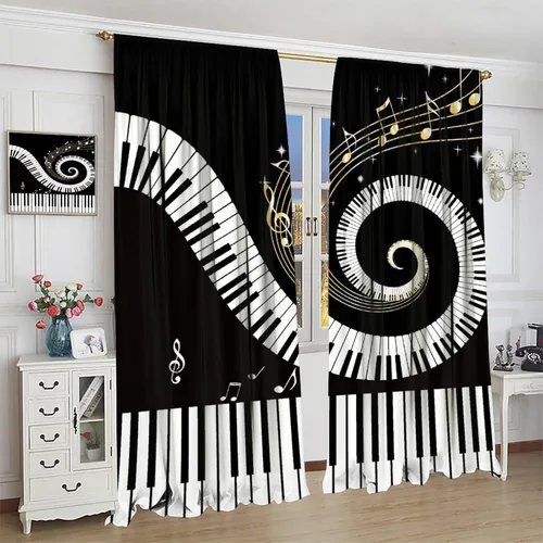 Vista 4 de Cortinas abstractas con notas musicales de piano, temática musical de piano, decoración de dormitorio de niños y niñas, arte rústico retro