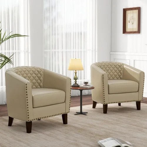 Vista 5 de Pia Ricco Silla de Acento Tipo Barril de Cuero Sintético, Silla de Club Moderna con Brazos, Cómoda Silla Individual Tapizada con Patas de Madera