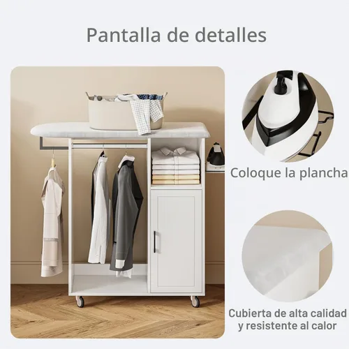 Vista 6 de Tabla de planchar rodante con gabinete de almacenamiento, gabinete de planchado de madera multiusos con ruedas, mesa de planchar con esponja