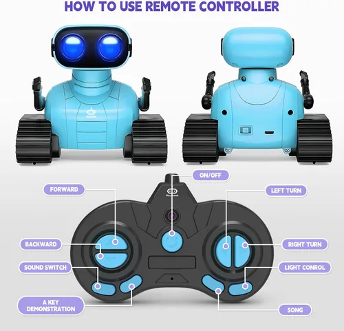 Vista 7 de Playsheek Robot Toy - Robot recargable Emo RC con demostración automática para niños, mayores de 3 años - Azul