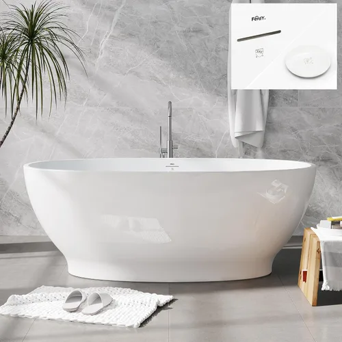Vista 25 de FerdY Tahití - Bañera de acrílico independiente de 55 pulgadas, elegante bañera de remojo de forma ovalada, blanco brillante, drenaje dorado