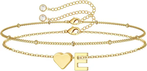 Vista 31 de M MOOHAM Pulseras de oro con inicial de corazón para mujer, pulseras con dije de letra A-Z de corazón dorado en capas para mujer, pulseras