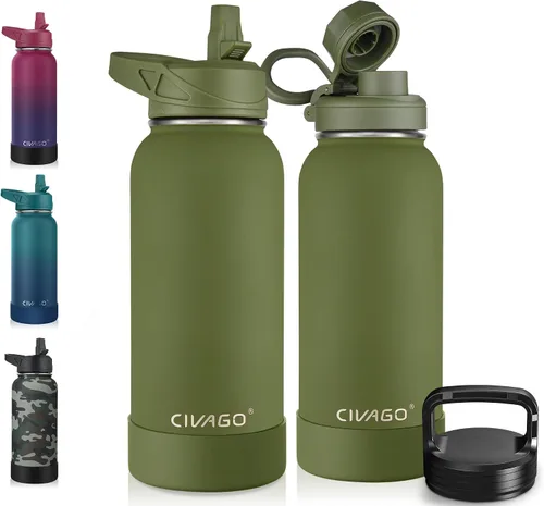 Vista 54 de CIVAGO Botella de agua aislada de 22 onzas con pajita, frasco de agua deportiva de acero inoxidable con 3 tapas