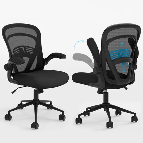 Vista 8 de Silla de escritorio para computadora con ruedas, silla de oficina de malla con brazos abatibles, soporte lumbar ajustable, silla de escritorio Negro