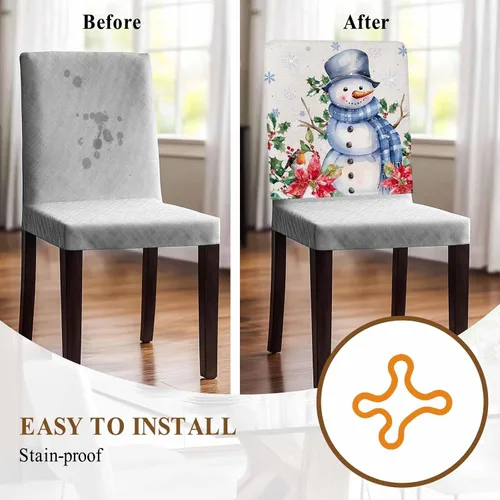 Vista 6 de Paquete de 4 fundas de respaldo de silla de Navidad con muñeco de nieve azul para sillas de comedor, fundas extraíbles lavables para silla