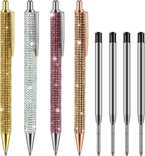 Vista 15 de Ireer 4 bolígrafos brillantes de diamantes de imitación para mujer, bolígrafo de tinta de metal con purpurina de cristal con 4 recambios de 0.039
