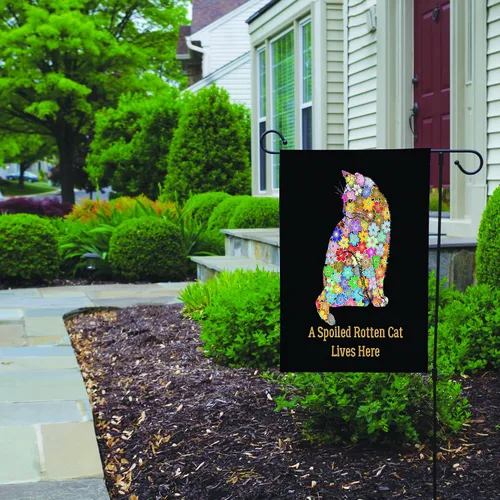 Vista 6 de Bandera de jardín con gato podrido y mimado, decoración de banderas de jardín de gato de doble cara, colorido diseño de bienvenida, regalo