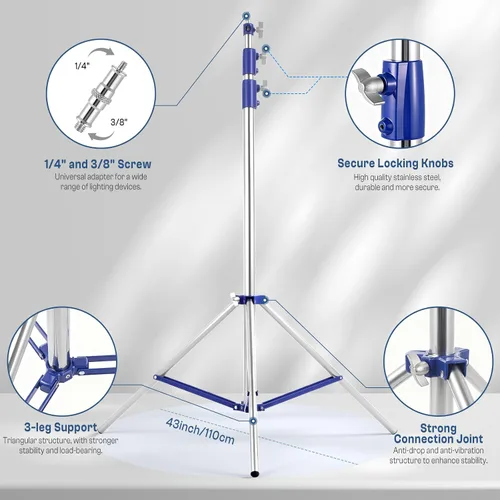 Vista 5 de Soporte de Luz para Fotografía, Soporte de Trípode de Acero Inoxidable Resistente de 10.5 pies/320 cm con Tornillo Universal de 1/4” a 3/8”, Soporte