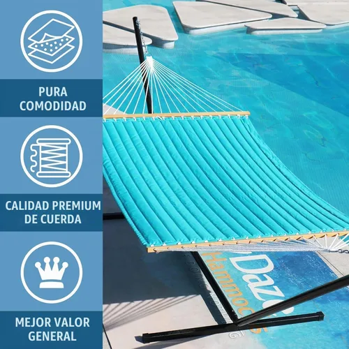 Vista 5 de Lazy Daze Hammocks Hamaca de tela acolchada doble de 12 pies con barra separadora y almohada desmontable, hamaca para 2 personas para exteriores