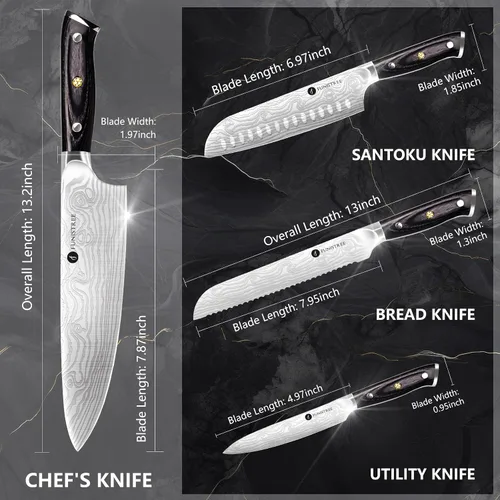 Vista 3 de Juego de 4 cuchillos de cocina profesional, juego de cuchillos de chef de acero inoxidable alemán de Damasco con caja de madera, cuchillo de chef