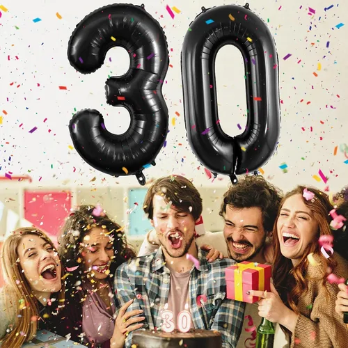 Vista 3 de Globos grandes de 40 pulgadas para 30 cumpleaños, aniversario, eventos, celebraciones, fiestas, decoraciones color negro