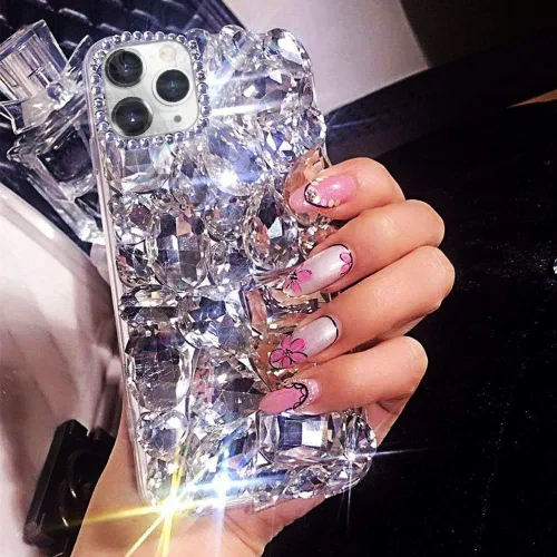 Vista 10 de Funda de lujo con pedrería para iPhone 15, funda de teléfono con purpurina 3D brillante y diamantes, color negro