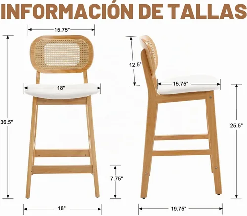 Vista 2 de ROCITY Juego de 2 taburetes de mimbre para mostrador, taburetes tapizados de madera natural, taburete de bar de granja, sillas de bar de lino beige