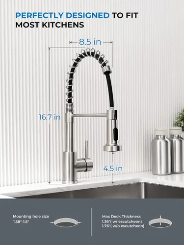 Vista 4 de WEWE Grifo de fregadero de cocina, grifos de cocina con rociador desplegable de acero inoxidable de una sola manija un solo agujero níquel cepillado
