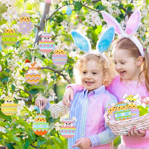 Vista 2 de Qunclay 40 piezas de adornos de Pascua, huevos de Pascua, huevos de Pascua, letreros colgantes para árbol, conejo, rebanadas de madera, recortes