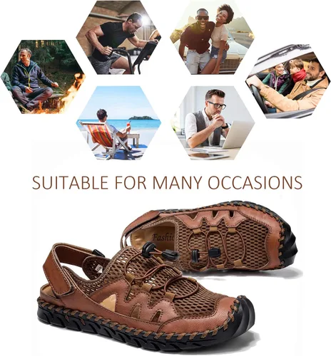 Vista 5 de Sandalias para hombre, zapatos de playa de cuero de verano para pescador, sandalias de punta cerrada para hombres, sandalias de agua transpirables
