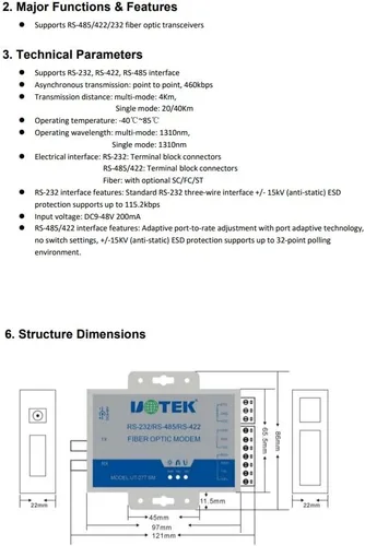 Vista 9 de UTEK UT-277SM-SC RS-232/422/485 a convertidores de medios de fibra óptica