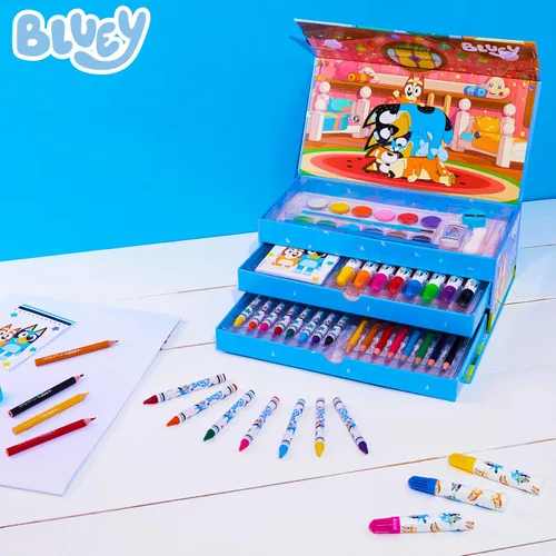 Vista 2 de Bluey Lápices de colores suministros de arte para niños y niñas, kit de dibujo, pintura, suministros escolares, kit de arte, estuche de viaje, Azul