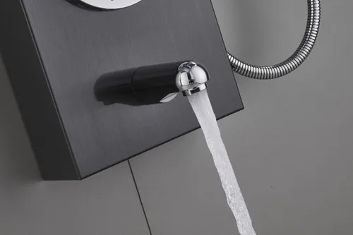 Vista 7 de Sistema de panel de ducha de acero inoxidable tipo torre de Ello&Allo, cabezal de LED, modo cascada o lluvia; sistema de hidromasaje con chorros